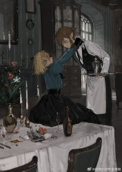 Rule 34 | 1boy, 1girl, akihare, alcohol carton, alternate costume, apron, arms around neck, bishounen, black corset, black necktie, black pants, black ribbon, black skirt, black vest, blonde hair, blue jacket, bottle, bow, bowing, butler, buttons, candle, candlestand, chair, chinese commentary, closed mouth, commentary request, corset, cup, dining room, drinking glass, ear piercing, earrings, expressionless, eyepatch, fire, flower, fork, frilled sleeves, frills, hair ornament, hair ribbon, hairclip, highres, holding, holding tray, hoop earrings, indoors, jacket, jewelry, juliet sleeves, knife, link, long skirt, long sleeves, mirror, napkin, necktie, nintendo, pants, piercing, pink flower, pink rose, pointy ears, princess zelda, puffy sleeves, red flower, ribbon, rose, shirt, short hair, short hair with long locks, short ponytail, sitting, sitting on table, skirt, sunlight, tablecloth, the legend of zelda, the legend of zelda: tears of the kingdom, thick eyebrows, tray, twitter username, vase, vest, waist apron, waist bow, watermark, weibo logo, weibo watermark, white apron, white bow, white shirt, white sleeves, window, wine bottle, wine glass