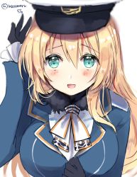 Rule 34 | 1girl, ascot, atago (kancolle), black gloves, blonde hair, breasts, commentary request, frilled sleeves, frills, gloves, green eyes, hat, hatomaru (hatomaru56), highres, kantai collection, large breasts, long hair, looking at viewer, military, military uniform, one-hour drawing challenge, peaked cap, simple background, solo, twitter username, uniform, upper body, white ascot, white background, white hat