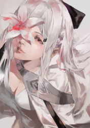 Rule 34 | 1girl, belt, black bow, blazpu, bow, breasts, capelet, cleavage, collarbone, drag-on dragoon, drag-on dragoon 3, flower, flower over eye, grey background, hair bow, hair ornament, hair ribbon, hairclip, highres, lips, long hair, looking up, medium breasts, red eyes, ribbon, side cape, silver hair, simple background, solo, upper body, zero (drag-on dragoon)