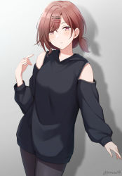 Rule 34 | 1girl, alternate hairstyle, asymmetrical hair, black pantyhose, black sweater, blush, breasts, brown eyes, brown hair, clothing cutout, commentary, cowboy shot, drop shadow, gradient background, grey background, hair between eyes, hair ornament, hairclip, higuchi madoka, idolmaster, idolmaster shiny colors, looking at viewer, medium breasts, mole, mole under eye, panna444, pantyhose, parted bangs, parted lips, short hair, short ponytail, shoulder cutout, simple background, solo, standing, sweater, twitter username, zipper
