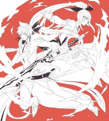 Rule 34 | 10s, 1boy, 1girl, bare shoulders, bodysuit, breasts, detached sleeves, earrings, feathers, hair ornament, hair tubes, monochrome, open mouth, ponytail, rose (tales), sorey (tales), sword, tales of (series), tales of zestiria, very long hair, weapon