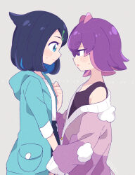 Rule 34 | 0zr8hc, 2girls, black hair, black shirt, blue eyes, blue hair, blue jacket, colored inner hair, creatures (company), dot (pokemon), from side, game freak, hair ornament, hairclip, highres, jacket, liko (pokemon), looking at another, multicolored hair, multiple girls, nintendo, off shoulder, open clothes, open jacket, pink hair, pink jacket, pokemon, pokemon (anime), pokemon horizons, purple eyes, purple hair, shirt, two-tone hair, white shirt, yuri