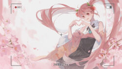 Rule 34 | black bow, black bowtie, black skirt, blue bow, blue bowtie, bow, bowtie, cherry blossoms, cherry hair ornament, collared dress, detached sleeves, dress, floral print, food-themed hair ornament, fruit hair ornament, hair ornament, hatsune miku, heart, heart hands, highres, long hair, looking at viewer, multicolored bowtie, open mouth, pink eyes, pink hair, pink sleeves, pleated skirt, recording, sakura miku, sesshi, skirt, teeth, twintails, upper teeth only, very long hair, viewfinder, vocaloid
