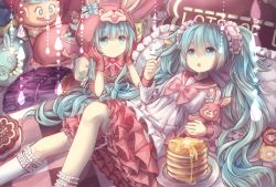 Rule 34 | 2girls, absurdly long hair, bad id, bad pixiv id, bed, blue bow, blue eyes, blue hair, bow, bowtie, dress, dual persona, frilled pillow, frills, gloves, hair between eyes, hair ornament, hatsune miku, highres, hood, layered dress, lol -lots of laugh- (vocaloid), long hair, multiple girls, pillow, pink bow, pink gloves, pink skirt, shirt, skirt, twintails, valentine, very long hair, vocaloid, white legwear, white shirt, yumeichigo alice