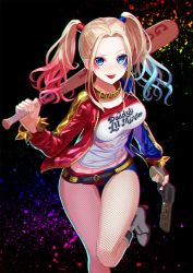 Rule 34 | 1girl, baseball bat, batman (series), boots, breasts, dc comics, harley quinn, high heel boots, high heels, highres, jacket, makeup, multicolored hair, shorts, smile, solo, suicide squad, tongue, twintails