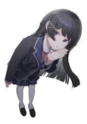 Rule 34 | 1girl, arm at side, black eyes, black footwear, black hair, black jacket, blazer, blue skirt, bow, bowtie, collared shirt, foreshortening, full body, hair ornament, hairclip, half up braid, hand to own mouth, hand up, head tilt, highres, jacket, lapels, leaning forward, loafers, long hair, long sleeves, looking at viewer, nijisanji, no title (wttmf1226), open mouth, pink bow, pink bowtie, plaid, plaid skirt, pleated skirt, school uniform, shirt, shoes, sidelocks, simple background, skirt, solo, standing, thighhighs, tsukino mito, tsukino mito (1st costume), virtual youtuber, whispering, white background, white shirt, white thighhighs