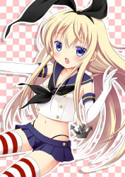 Rule 34 | 10s, 1girl, anchor, anchor hair ornament, bad id, bad pixiv id, black neckerchief, black panties, blonde hair, blue eyes, blush, checkered background, elbow gloves, gloves, hair ornament, hair ribbon, kantai collection, long hair, looking at viewer, navel, neckerchief, open mouth, oumi neneha, panties, ribbon, shimakaze (kancolle), skirt, solo, striped clothes, striped thighhighs, thighhighs, underwear