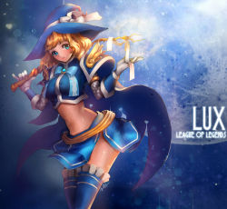 Rule 34 | 1girl, aqua eyes, blonde hair, blue thighhighs, boots, gloves, hat, highres, league of legends, lux (league of legends), midriff, nal (nal&#039;s pudding), skirt, solo, sorceress lux, thigh boots, thighhighs, witch hat
