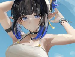 Rule 34 | 1girl, arknights, arm strap, armpits, arms up, bare arms, bare shoulders, black choker, black hair, blue background, blue eyes, breasts, choker, commentary, earrings, eunectes (arknights), jewelry, large breasts, multicolored hair, pointy ears, sankichi (croquette crab), short hair, solo