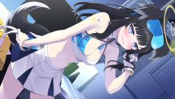 Rule 34 | 1girl, animal ears, bare shoulders, black hair, blue archive, blue eyes, blunt bangs, blush, bracelet, breasts, cheerleader, cleavage, cowboy shot, crop top, dog ears, dog girl, dog tail, eyewear on head, gloves, goggles, goggles on head, halo, hibiki (blue archive), hibiki (cheer squad) (blue archive), indoors, jewelry, long hair, looking at viewer, medium breasts, midriff, millennium cheerleader outfit (blue archive), miniskirt, navel, open mouth, pleated skirt, pom pom (cheerleading), race queen, sasahara wakaba, skirt, solo, stomach, tail, very long hair, white skirt