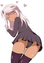 Rule 34 | 1girl, ;q, absurdres, ass, black dress, black panties, black thighhighs, blush, chloe von einzbern, closed mouth, dark-skinned female, dark skin, dress, fate/kaleid liner prisma illya, fate (series), hair between eyes, hair bobbles, hair ornament, heart, highres, leaning forward, long hair, looking at viewer, looking back, mitchi, nose blush, one eye closed, one side up, panties, pink hair, red eyes, simple background, smile, solo, thighhighs, tongue, tongue out, underwear, white background