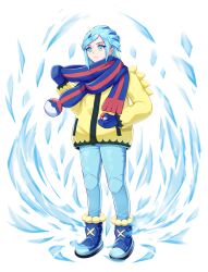 Rule 34 | 1boy, absurdres, blue eyes, blue footwear, blue hair, blue mittens, blue pants, blue scarf, boots, closed mouth, commentary request, creatures (company), expressionless, eyelashes, full body, game freak, grusha (pokemon), highres, holding, holding poke ball, jacket, long sleeves, male focus, mittens, nintendo, pants, poke ball, poke ball (basic), pokemon, pokemon sv, purume touru, scarf, solo, striped clothes, striped scarf, white background, yellow jacket