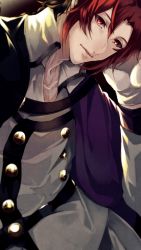 Rule 34 | 10s, 1boy, black hair, braid, capelet, crowley eusford, gloves, male focus, multicolored hair, open mouth, owari no seraph, pointy ears, red eyes, red hair, solo, two-tone hair, upper body