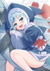 Rule 34 | 1girl, :d, animal hood, bed sheet, blue eyes, blue hair, blue hoodie, blush, commentary, english commentary, feet out of frame, fins, fish tail, gawr gura, gawr gura (1st costume), highres, hololive, hololive english, hood, hood up, hoodie, long sleeves, looking at viewer, lying, multicolored hair, on side, open mouth, polearm, shark hood, sharp teeth, sleeves past wrists, smile, solo, streaked hair, stuffed animal, stuffed shark, stuffed toy, tail, teeth, trident, tsukiman, virtual youtuber, weapon, wide sleeves