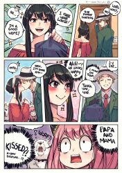 Rule 34 | 1boy, 2girls, anya (spy x family), black hair, blonde hair, bond (spy x family), dog, english text, father and daughter, fedora, hat, highres, husband and wife, kiss, lunchbox, mother and daughter, multiple girls, pink hair, right-to-left comic, rusky, speech bubble, spy x family, surprised, thought bubble, twilight (spy x family), yor briar