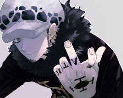 Rule 34 | 1boy, chacoma, fur collar, fur hat, grey eyes, hand tattoo, hand up, hat, hat over one eye, highres, looking at viewer, male focus, one piece, simple background, smile, solo, tattoo, trafalgar law