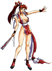 Rule 34 | 1girl, bare hips, bare legs, bare shoulders, breasts, folded fan, hand fan, fang, fatal fury, folding fan, full body, gloves, hellstinger, japanese clothes, large breasts, long hair, long legs, looking at viewer, ninja, oobari masami, open mouth, ponytail, revealing clothes, shiranui mai, simple background, smile, solo, standing, the king of fighters