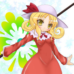 Rule 34 | 1girl, :&lt;, bad id, bad pixiv id, blonde hair, blush, dress, elly (touhou), female focus, flower, hat, hat ribbon, high collar, leaf, long hair, long sleeves, looking at viewer, maple leaf, o omune (kagu8), outstretched arm, pole, ribbon, solo, touhou, touhou (pc-98), white background, yellow eyes