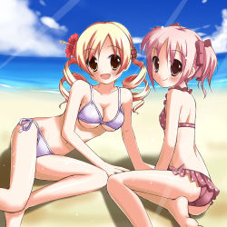 Rule 34 | 10s, 2girls, bad id, bad pixiv id, barefoot, beach, bikini, blonde hair, blush, breasts, cloud, day, drill hair, feet, flower, hair flower, hair ornament, hair ribbon, hibiscus, kaname madoka, mahou shoujo madoka magica, mahou shoujo madoka magica (anime), medium breasts, minidraco, multiple girls, ocean, open mouth, outdoors, pink eyes, pink hair, ribbon, short twintails, side-tie bikini bottom, sky, small breasts, smile, swimsuit, tomoe mami, twin drills, twintails, yellow eyes
