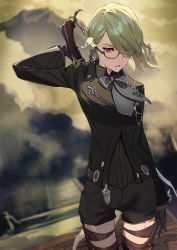 Rule 34 | 1other, black gloves, black sleeves, commentary, commission, cowboy shot, final fantasy, final fantasy xiv, glasses, gloves, green hair, gunblade, hand up, highres, holding, ibaraki shun, legs apart, long sleeves, looking at viewer, medium hair, original, outdoors, parted bangs, parted lips, red eyes, skeb commission, solo, stairs, warrior of light (ff14), weapon, weapon on back