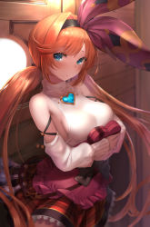 Rule 34 | 1girl, apron, aqua eyes, belt, black bow, black hairband, blurry, blush, bow, box, breasts, clarisse (granblue fantasy), clarisse (valentine) (granblue fantasy), commentary request, cowboy shot, depth of field, detached sleeves, door, frilled apron, frilled skirt, frills, gift, granblue fantasy, hair bow, hair intakes, hairband, heart-shaped box, heattech leotard, highres, holding, holding gift, large breasts, leotard, long hair, looking at viewer, low twintails, mizuya nao, orange hair, parted lips, pink apron, plaid, plaid skirt, red bow, red skirt, sideboob, sidelocks, skirt, solo, standing, swept bangs, test tube, turtleneck, twintails, valentine, white leotard, white sleeves