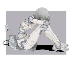 Rule 34 | 1girl, android, arms on knees, charging device, covered mouth, electrical outlet, from side, head on knees, head rest, highres, mechanical parts, muted color, one eye covered, outside border, simple background, sitting, sitting on object, solo, sukabu