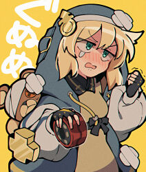 Rule 34 | 1boy, androgyne symbol, black gloves, blonde hair, blush, bridget (guilty gear), brown dress, clenched hand, commentary request, dress, empire waist, film grain, fingerless gloves, fist shaking, gloves, green eyes, guilty gear, guilty gear strive, habit, hood, hooded jacket, itsuka neru, jacket, long sleeves, male focus, medium hair, open clothes, open mouth, roger (guilty gear), simple background, solo, stuffed animal, stuffed toy, teddy bear, trap, yellow background, yo-yo