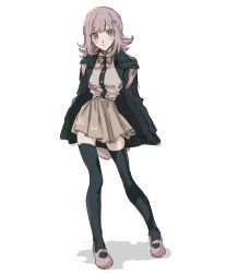 Rule 34 | 1girl, black jacket, black thighhighs, blush, breasts, brown hair, brown skirt, commentary request, dress shirt, flipped hair, full body, galaga, grey shirt, hair ornament, highres, jacket, large breasts, medium hair, miniskirt, nanami chiaki, neck ribbon, open clothes, open jacket, pink footwear, red ribbon, ribbon, ru-pe (gstm 0915), shiny clothes, shirt, shoes, skirt, solo, standing, thighhighs, white background