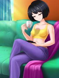 Rule 34 | 1girl, artist request, bare arms, bare shoulders, black hair, bob cut, book, breasts, brown eyes, closed mouth, collarbone, couch, crop top, cup, curtains, date crush stories, covered erect nipples, erisa (date crush stories), game cg, highres, indoors, looking at book, looking down, midriff, nipples, on couch, pants, pillow, purple pants, reading, shirt, short hair, sitting, sleeveless, sleeveless shirt, small breasts, smile, solo, tank top, tea, teabag, teacup, window, yellow shirt, yellow tank top