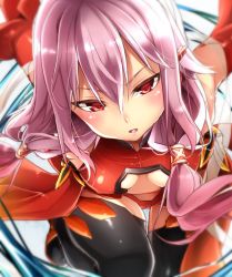 Rule 34 | 10s, 1girl, ayuteisyoku, bare shoulders, black thighhighs, breasts, center opening, cleavage, colored eyelashes, detached sleeves, elbow gloves, fingerless gloves, gloves, guilty crown, hair ornament, hairclip, long hair, looking at viewer, navel, open mouth, pink hair, red eyes, small breasts, solo, thighhighs, twintails, yuzuriha inori