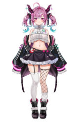 Rule 34 | 1girl, absurdres, ahoge, asymmetrical legwear, bare shoulders, belt, black footwear, black jacket, black skirt, boots, bow, breasts, crop top, crop top overhang, fishnet thighhighs, fishnets, frilled skirt, frills, full body, garter straps, gradient hair, hair bow, hair ornament, high collar, highres, horns, indie virtual youtuber, jacket, large breasts, long hair, long sleeves, looking at viewer, midriff, miniskirt, multicolored hair, navel, off shoulder, open clothes, open jacket, pink eyes, pink hair, revealing clothes, satou pote (vtuber), satoupote, shirt, sidelocks, simple background, skirt, sleeveless, sleeveless shirt, sleeves past fingers, sleeves past wrists, solo, standing, stomach, thighhighs, thighs, twintails, virtual youtuber, white background, white shirt, white thighhighs, zettai ryouiki