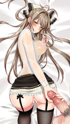 Rule 34 | 10s, 1girl, all fours, amagi brilliant park, antenna hair, anus, ass, black thighhighs, blush, bow, breasts, brown eyes, brown hair, censored, clothes lift, covered erect nipples, from above, garter belt, garter straps, hair bow, twirling hair, handjob, highres, hongsil, large breasts, long hair, looking back, mosaic censoring, nipples, penis, pov, pussy, pussy juice, see-through, sento isuzu, skirt, skirt lift, solo focus, thighhighs, twitter username, veins, veiny penis