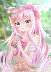 Rule 34 | 1girl, :o, ahoge, animal ear fluff, animal ears, blue eyes, blurry, blurry background, blush, bow, bowtie, bubble tea, cat ears, cat girl, collar, collarbone, commentary request, dress, drink, drinking straw, falling leaves, frilled collar, frills, hair between eyes, highres, holding, holding drink, leaf, long hair, looking at viewer, nail polish, open mouth, orange collar, original, outdoors, pink bow, pink hair, pink nails, short sleeves, sidelocks, solo, tareme, tsudatchi, upper body, waist bow, yellow bow, yellow dress