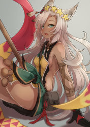 Rule 34 | 10s, 1girl, animal ears, arm support, backless outfit, black gloves, breasts, cat ears, dark-skinned female, dark skin, erune, eyebrows, gloves, granblue fantasy, green eyes, grey hair, hair ornament, hair over one eye, long hair, looking at viewer, nemone, opanchu (pixiv259683), open mouth, sarong, sideboob, simple background, sitting, small breasts, solo, thighs