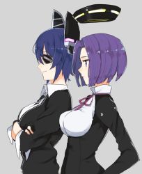 Rule 34 | 10s, 2girls, black gloves, blouse, breasts, cardigan, crossed arms, dress shirt, eyepatch, from side, gloves, grey background, halo, hand on own hip, headgear, kantai collection, large breasts, mechanical halo, multiple girls, necktie, nesume, parted bangs, partially fingerless gloves, profile, purple eyes, purple hair, ribbon, shirt, short hair, sidelocks, simple background, sleeves rolled up, smile, sweater, tatsuta (kancolle), tenryuu (kancolle), underbust, upper body, white shirt, wing collar