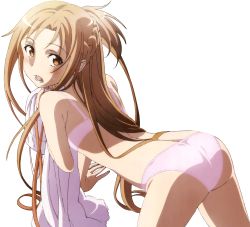 Rule 34 | 10s, 1girl, all fours, ass, asuna (sao), back, blush, bra, brown eyes, brown hair, covering privates, embarrassed, highres, long hair, looking at viewer, panties, pink bra, pink panties, ponytail, sweat, sword art online, underwear, vector trace