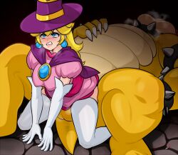 Rule 34 | 1boy, 1girl, aldharoku, all fours, blonde hair, blue eyes, blush, bowser, breasts, cape, clenched teeth, dress, earrings, elbow gloves, gloves, hat, highres, implied sex, jewelry, large breasts, long hair, mario (series), mario kart, mario kart tour, nintendo, pink dress, princess peach, princess peach (halloween), size difference, sweat, teeth, testicles, thighhighs, white gloves, white thighhighs, witch hat