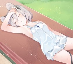 Rule 34 | 1girl, akagashi hagane, animal ears, armpits, bare shoulders, breasts, closed eyes, facing viewer, grey hair, hair between eyes, jewelry, lying, mouse ears, mouse tail, nazrin, on back, outdoors, parted lips, pendant, shirt, short hair, shorts, sleeping, small breasts, solo, tail, tank top, touhou, white shirt, white shorts