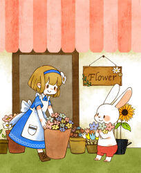 Rule 34 | 1girl, apron, barefoot, blue dress, blunt bangs, blush, blush stickers, brown eyes, brown footwear, building, carrying, closed mouth, commentary, cross-laced footwear, dress, ear blush, english text, florist, flower, flower pot, flower shop, full body, hair flower, hair ornament, holding, holding flower, holding flower pot, leaf, light brown hair, looking at another, nose blush, open door, original, outdoors, pants, pink flower, pink stripes, pink tulip, plant, pocket, potted plant, purple flower, rabbit, red pants, shop, short hair, short sleeves, sign, smile, solid eyes, standing, striped, sunflower, takeuchi yuki (lusan blan), tulip, vertical stripes, white apron, white flower, white rabbit (animal), white tulip, yellow flower, yellow tulip