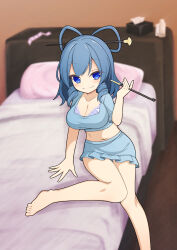 Rule 34 | 1girl, barefoot, bed, bedroom, blue bra, blue eyes, blue shirt, blue sky, blurry, blurry background, bra, chisel, closed mouth, commentary, condom, condom wrapper, crop top, drill hair, drill sidelocks, hair ornament, hair rings, hair stick, hekkmushi, highres, indoors, kaku seiga, looking at viewer, pillow, shirt, sidelocks, sky, smile, smoking pipe, solo, tissue box, touhou, underwear