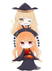 Rule 34 | 2girls, absurdres, belt, black dress, black headwear, black sleeves, blonde hair, blush, brown belt, brown headwear, cape, chinese clothes, crescent, dress, eyes visible through hair, hair between eyes, hat, highres, junko (touhou), long hair, long sleeves, looking at another, looking at viewer, matara okina, multiple girls, one eye closed, open mouth, orange cape, orange hair, orange sleeves, pom pom (clothes), red eyes, red vest, simple background, sitting, smile, standing, star (symbol), touhou, umi (nana spring), vest, white background, yellow eyes, yellow neckwear