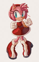Rule 34 | 1girl, ame (beeames), amy rose, aqua eyes, artist name, boots, bracelet, clenched hands, closed mouth, commentary, dress, english commentary, eyelashes, furry, furry female, gloves, gold bracelet, hairband, hands up, heart, hedgehog girl, highres, jewelry, looking at viewer, red dress, red footwear, red hairband, short dress, simple background, sleeveless, sleeveless dress, smile, solo, sonic (series), white background, white gloves