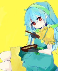 Rule 34 | 1girl, 76gpo, :t, aqua apron, aqua headwear, black gloves, blue hair, closed mouth, commentary, dress, eating, food, gloves, haniyasushin keiki, head scarf, highres, holding, holding food, long hair, looking at viewer, red eyes, short sleeves, simple background, solo, touhou, yellow background, yellow dress