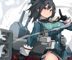 Rule 34 | 1girl, black gloves, black hair, blue hat, blue jacket, breasts, gloves, hair between eyes, hat, highres, jacket, kantai collection, large breasts, long sleeves, looking at viewer, military, military uniform, parted lips, pointing, red eyes, rigging, short hair, simple background, skirt, smoke, solo, sunday aki, takao (kancolle), turret, uniform, white background