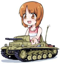 Rule 34 | 10s, 1girl, :d, aged down, bandaid, bandaid on knee, bandaid on leg, blue shorts, commentary request, driving, full body, girls und panzer, go-kart, looking to the side, military, military vehicle, monolith (suibou souko), motor vehicle, nishizumi miho, notice lines, open mouth, panzer ii, panzer ii, pink shirt, riding, shadow, shirt, short hair, shorts, simple background, sitting, smile, solo, tank, tank top, white background