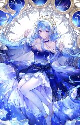 Rule 34 | 1girl, absurdres, bare shoulders, blue dress, blue eyes, blue theme, bow, breasts, cleavage, constellation, detached sleeves, dress, dress bow, eshi 100 nin ten, floating, full body, hair between eyes, hair ornament, hands up, head scarf, highres, long dress, long hair, looking at viewer, medium breasts, noyu (noyu23386566), pantyhose, purple eyes, see-through, see-through headwear, see-through sleeves, see-through veil, sitting, solo, thighs, veil, very long hair, white background, white pantyhose