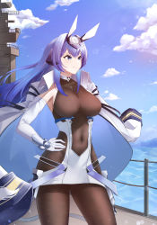 Rule 34 | 1girl, absurdres, armpits, azur lane, blue eyes, blue hair, blue sky, bodystocking, breasts, center opening, closed mouth, clothing cutout, cloud, coat, coat on shoulders, commentary, covered collarbone, covered navel, cowboy shot, day, dress, elbow gloves, floating, floating clothes, gloves, gradient hair, guard (mungcom88), hair between eyes, hair intakes, hand on own hip, headgear, highres, large breasts, lens flare, long hair, looking to the side, military, military vehicle, multicolored hair, new jersey (azur lane), ocean, outdoors, ship, side cutout, sidelocks, sky, smile, solo, standing, sunlight, vambraces, very long hair, warship, watercraft, white coat, white dress, white gloves