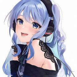 Rule 34 | 1girl, :d, armpit crease, bare shoulders, blue eyes, blue hair, headphones, hololive, hoshimachi suisei, hoshimachi suisei (streetwear), k-rumi, one side up, open mouth, simple background, smile, solo, sony, star (symbol), star in eye, symbol in eye, upper body, virtual youtuber, white background