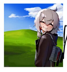 Rule 34 | 1girl, ^ ^, absurdres, ahoge, backpack, bag, black jacket, bliss (image), blue sky, closed eyes, cloud, cloudy sky, commission, crr001, eyebrows hidden by hair, facing viewer, girls&#039; frontline, grey hair, grin, highres, hill, hood, hooded jacket, inset border, jacket, m200 (girls&#039; frontline), medium hair, mole, mole under eye, parted lips, sky, smile, solo, twitter username, upper body