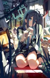 Rule 34 | 2girls, absurdly long hair, animal, aqua halo, aris (blue archive), black hair, black hairband, black skirt, blue archive, blue eyes, blue necktie, cat, closed mouth, dalian (1457091741), hairband, halo, highres, jacket, koharu (blue archive), long hair, multiple girls, necktie, one side up, open clothes, open jacket, pink hair, pleated skirt, revision, ringed eyes, shirt, skirt, smile, very long hair, white jacket, white shirt